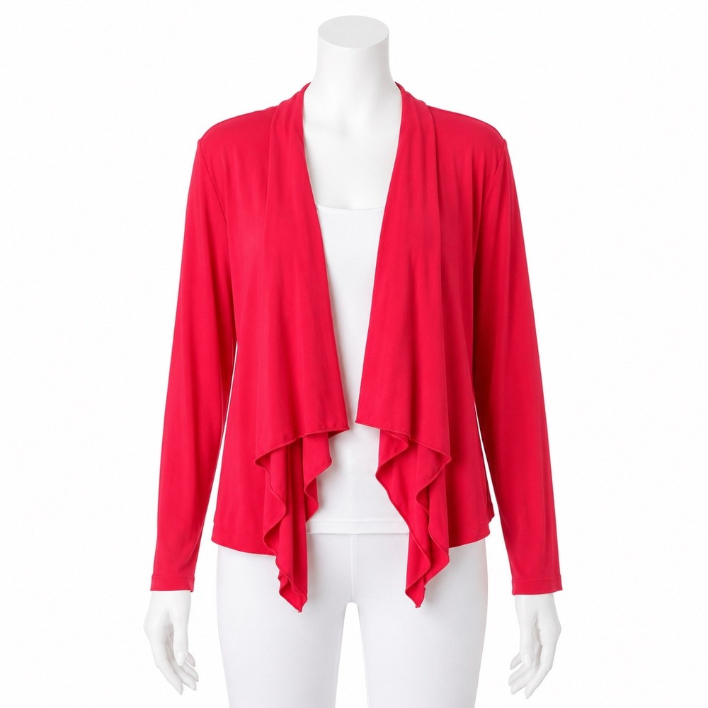 Attitudesโ by Renee Cardigan Women MP Red Waterfall Drape Open Front Long Sleeve